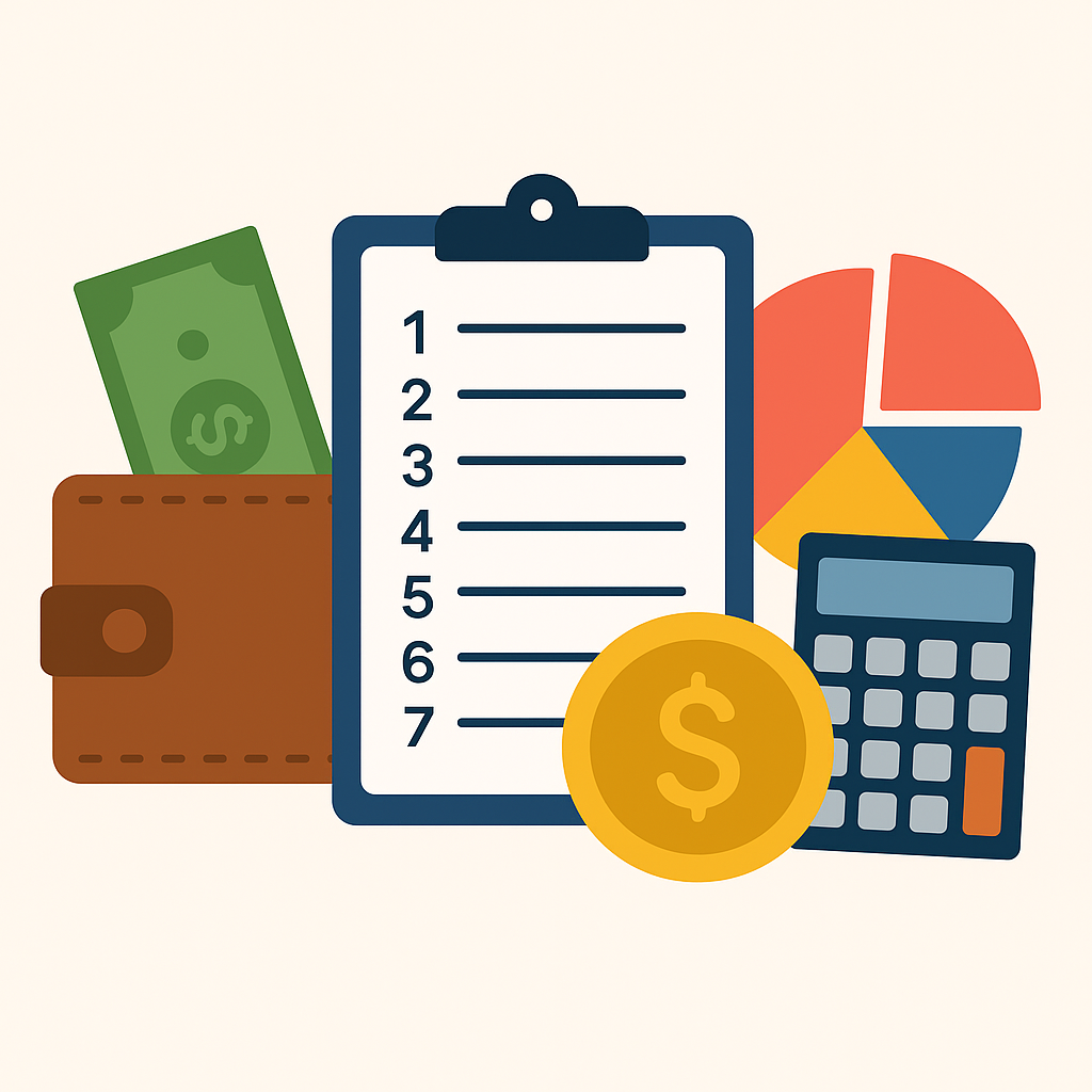 Ilustração de uma carteira com dinheiro, uma prancheta com checklist numerado, um gráfico de pizza, uma calculadora e uma moeda, simbolizando etapas de organização financeira